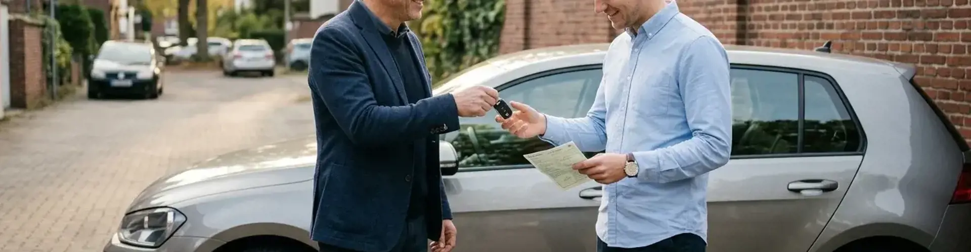 Schlüsselübergabe beim Gebrauchtwagenkauf zwischen Verkäufer und Käufer mit Fahrzeugschein neben grauem Mittelklasse-Wagen