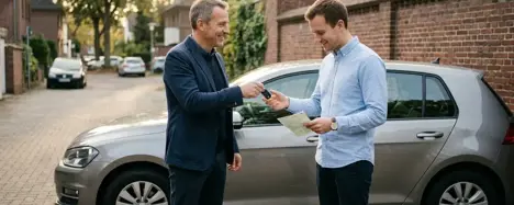 Schlüsselübergabe beim Gebrauchtwagenkauf zwischen Verkäufer und Käufer mit Fahrzeugschein neben grauem Mittelklasse-Wagen