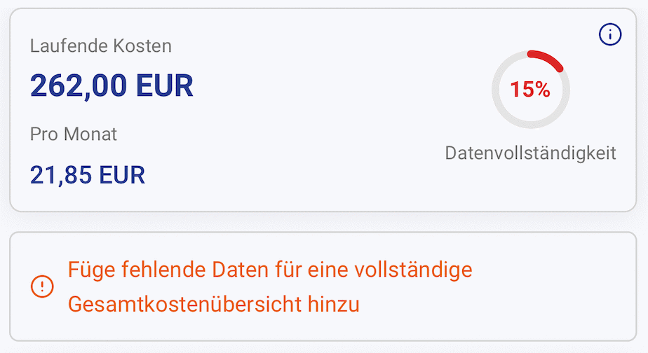 Screenshot: Neu angelegtes Auto mit unvollständigen Daten für die Fahrzeugkosten-Analyse