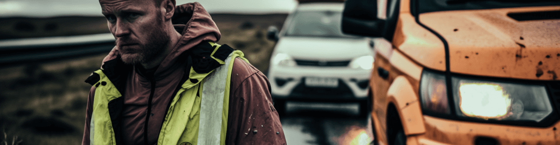 Mann steht mit Warnweste vor Auto mit Panne