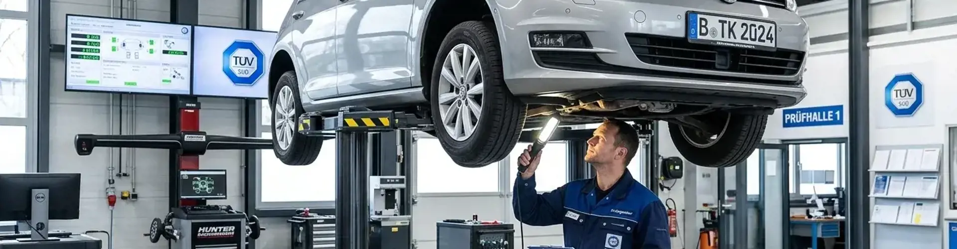 Gebrauchtwagencheck Vergleich: Mechaniker prüft Fahrzeug auf Hebebühne in moderner Prüfhalle