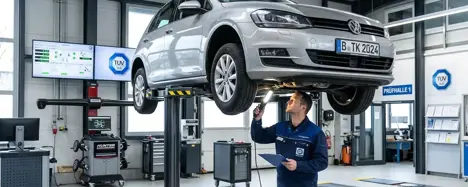 Gebrauchtwagencheck Vergleich: Mechaniker prüft Fahrzeug auf Hebebühne in moderner Prüfhalle