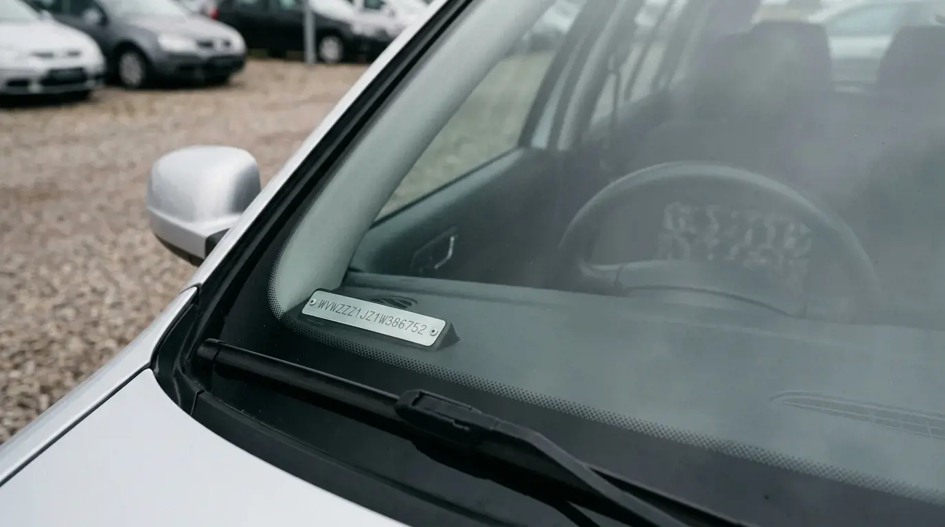 Außenansicht durch die untere Windschutzscheibe eines Volkswagen mit klar lesbarer Fahrgestellnummer-Plakette hinter dem Glas, im Hintergrund ein deutscher Gebrauchtwagenhof