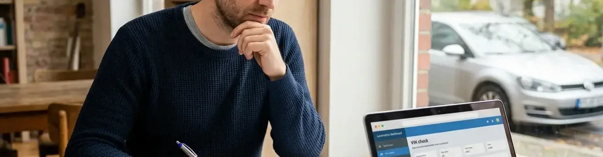 Werkstatt-Quittungen und Laptop mit Online-VIN-Check vergleichen die Preise verschiedener Gebrauchtwagencheck-Anbieter