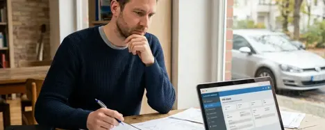 Werkstatt-Quittungen und Laptop mit Online-VIN-Check vergleichen die Preise verschiedener Gebrauchtwagencheck-Anbieter