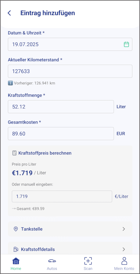 Eingabemaske Verbrenner