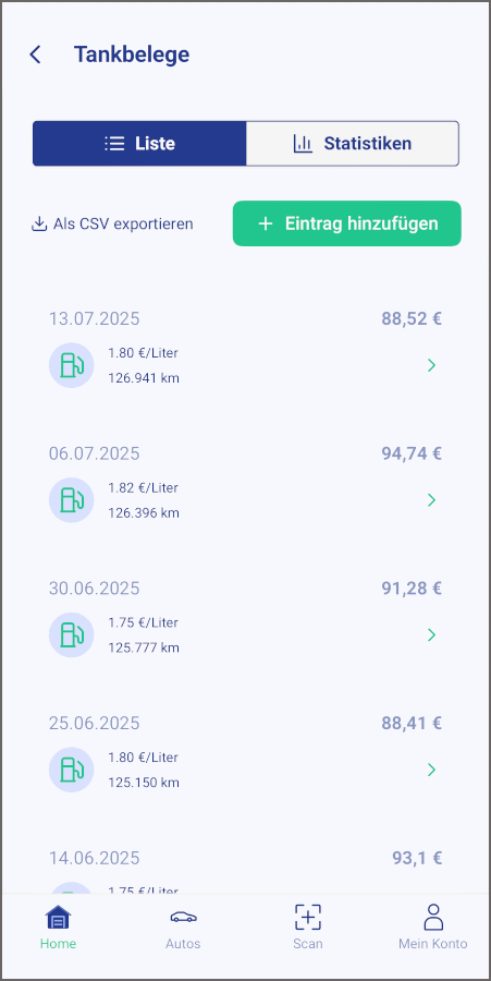 Smartphone Screen zeigt Tankbelege-Übersicht