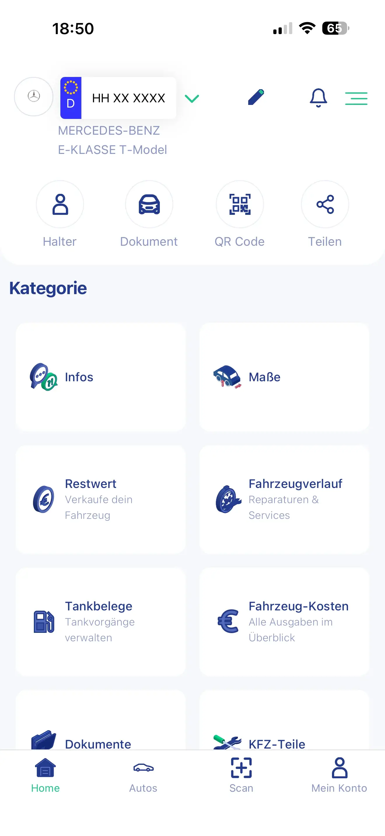 Fahrzeugschein.de-App: Einzelansicht eines Firmenfahrzeugs mit Fahrzeugverlauf, Tankbelegen, Kosten und Dokumenten