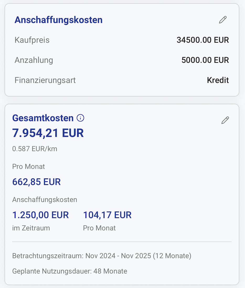 Screenshot: Total Cost of Ownership in der Fahrzeugschein.de App
