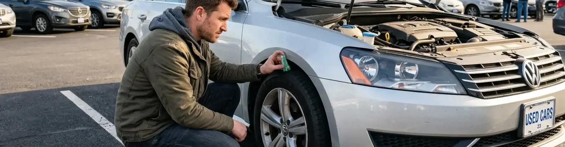 Mann prüft bei einer Gebrauchtwagen-Besichtigung den Reifenzustand und Motorraum eines silbernen Pkw