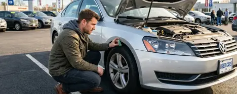 Mann prüft bei einer Gebrauchtwagen-Besichtigung den Reifenzustand und Motorraum eines silbernen Pkw