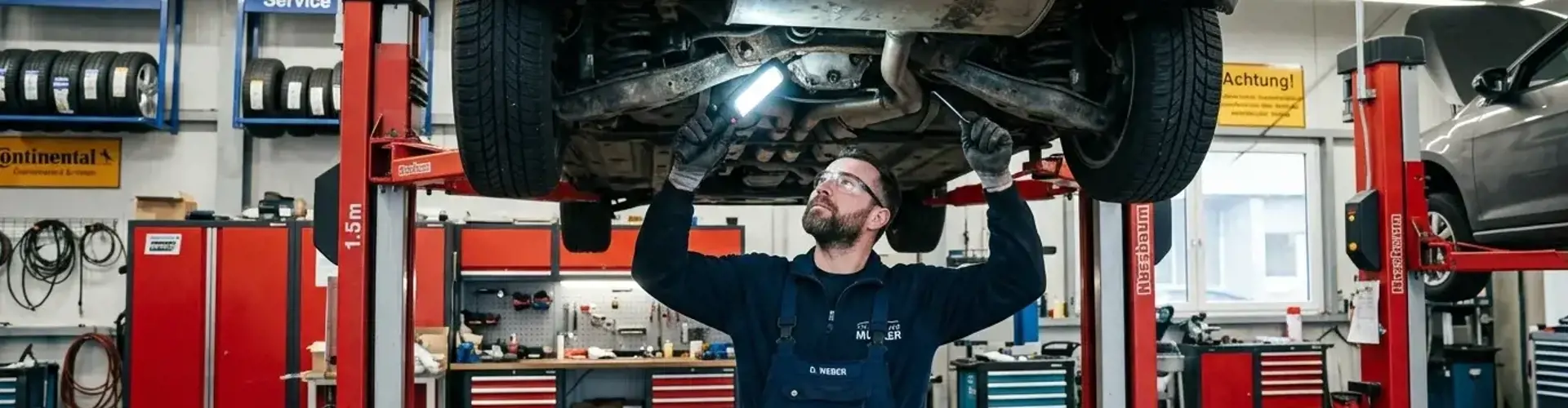 Mechaniker inspiziert Unterboden eines silbergrauen Gebrauchtwagens auf einer Hebebühne mit LED-Taschenlampe