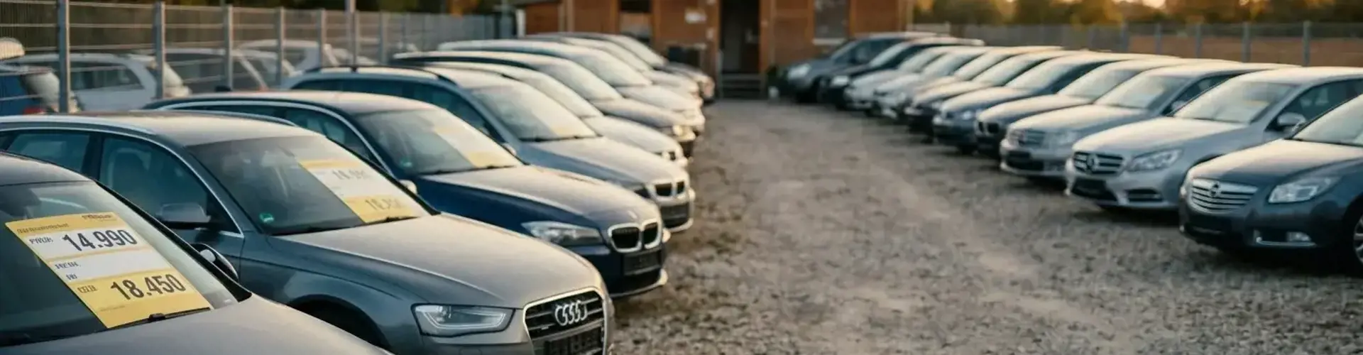 Gebrauchtwagen auf einem deutschen Händlerhof mit Preisschildern bei Abendlicht