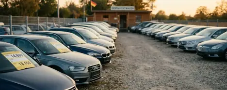 Gebrauchtwagen auf einem deutschen Händlerhof mit Preisschildern bei Abendlicht
