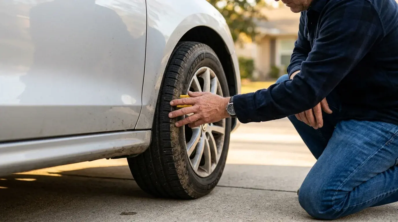 Person kniet neben einem silbernen Gebrauchtwagen und prüft das Reifenprofil mit der Hand