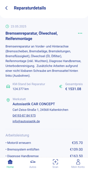 fahrzeugschein.de app: Digitale Fahrzeugakte Details zum Werkstattbesuch