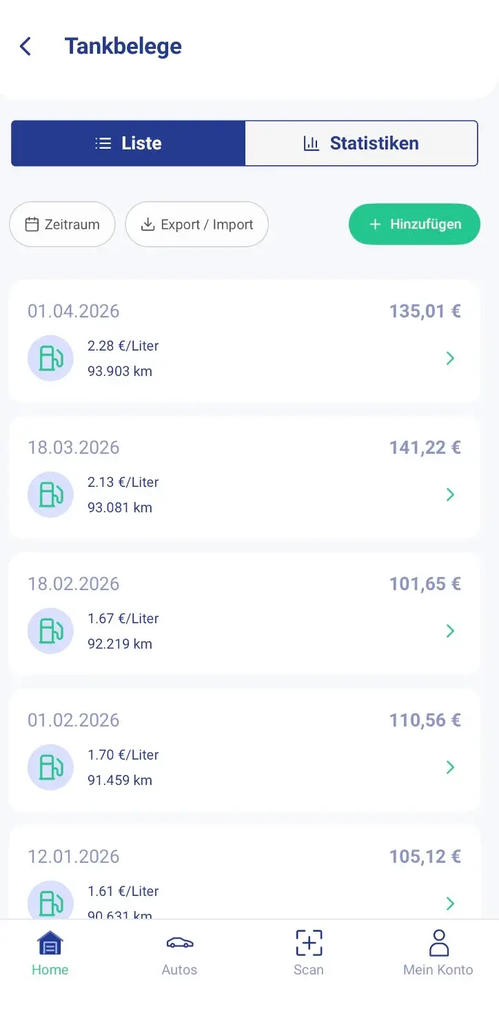 Echte Tankhistorie in der Fahrzeugschein Spritkosten-App mit Literpreisen von 1,61 € im Januar bis 2,28 € im April 2026