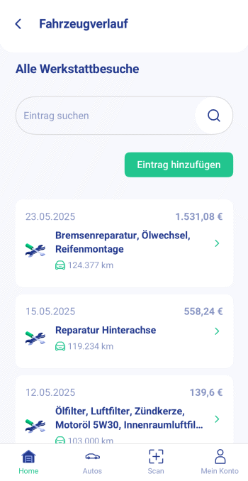 fahrzeugschein.de app: Digitale Fahrzeugakte Übersicht aller Reparaturen und Wartungen