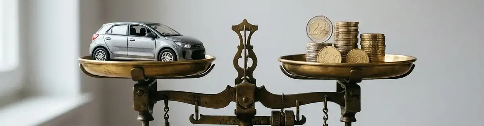 Auto-Modell auf Balkenwaage gegenueber Euro-Muenzen - Symbol fuer Auto-Bewertung und Marktwert-Ermittlung 2026