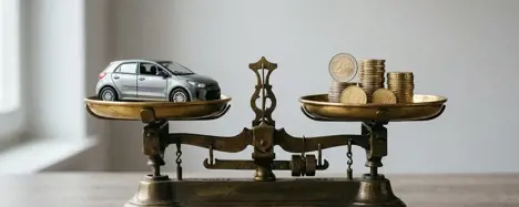 Auto-Modell auf Balkenwaage gegenueber Euro-Muenzen - Symbol fuer Auto-Bewertung und Marktwert-Ermittlung 2026
