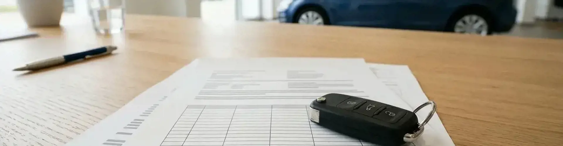 Autoschlüssel liegt auf einem Finanzierungsvertrag mit Tilgungsplan auf einem Schreibtisch im Autohaus