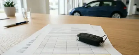 Autoschlüssel liegt auf einem Finanzierungsvertrag mit Tilgungsplan auf einem Schreibtisch im Autohaus