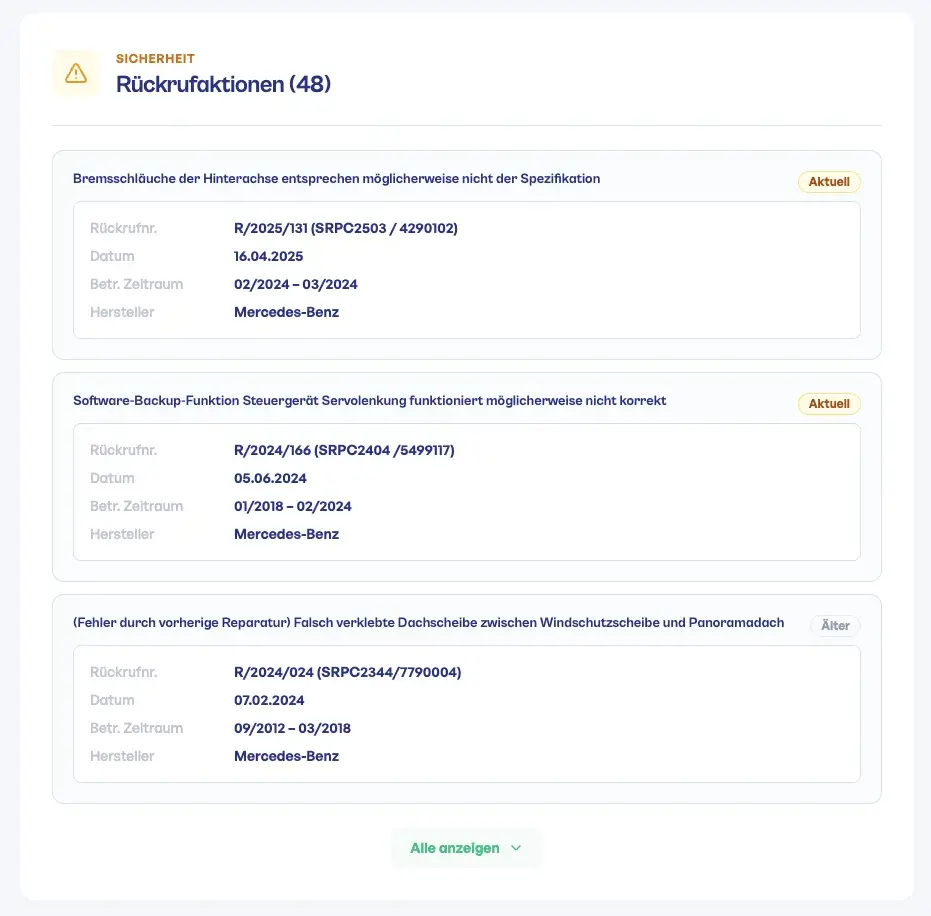 Rückrufaktionen der Mercedes A-Klasse im Fahrzeugschein.de Gebrauchtwagen-Check mit 48 gelisteten KBA-Rückrufen
