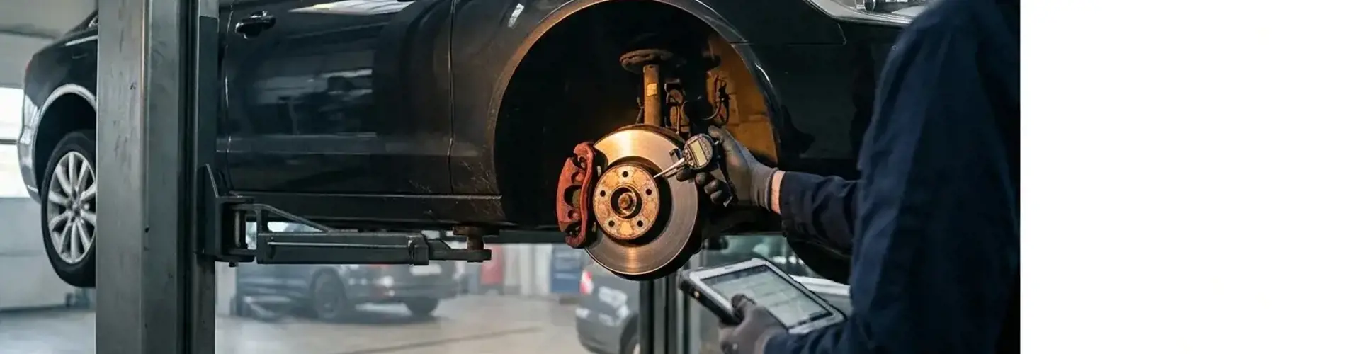 TÜV-Prüfplakette und Werkstattbühne in einer modernen HU-Werkstatt — symbolisiert die Datenbasis des TÜV-Report 2026.