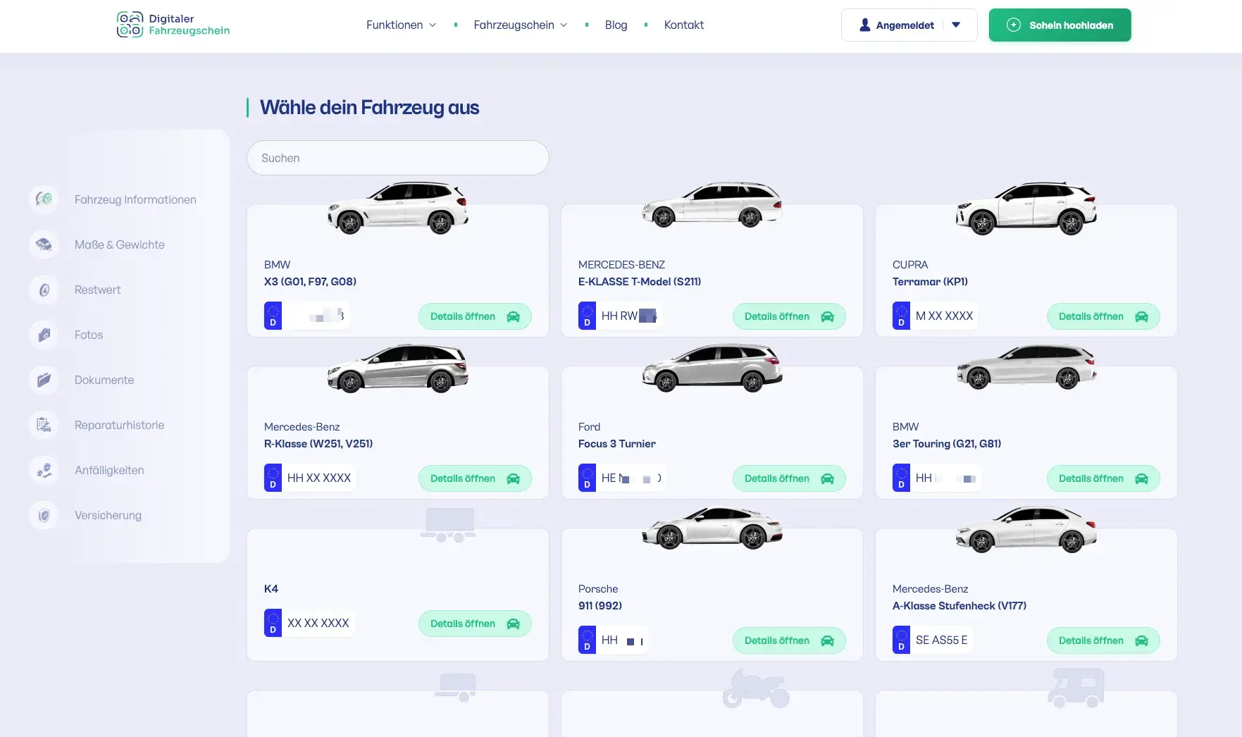 Fahrzeugschein.de-Dashboard: alle Fahrzeuge eines kleinen Fuhrparks in der Web-Übersicht mit Marke, Modell und Kennzeichen
