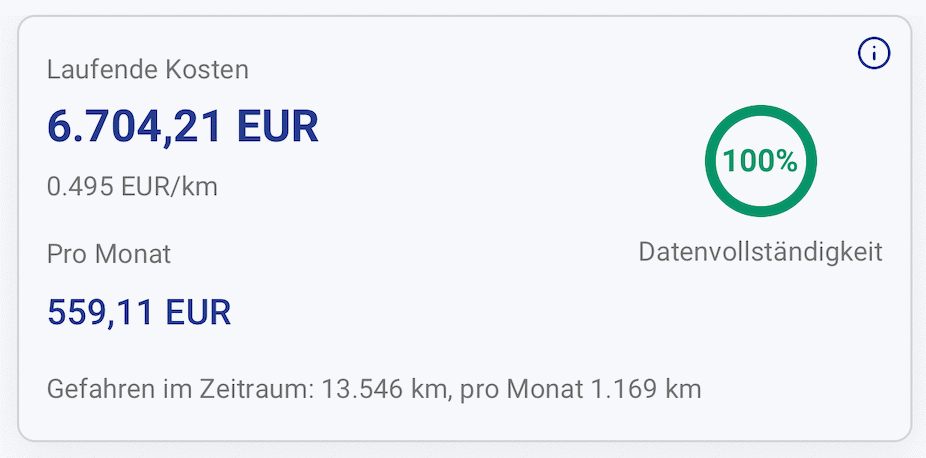 Screenshot: Vollständigkeits-Indikator zeigt 100% gepflegtes Fahrzeug