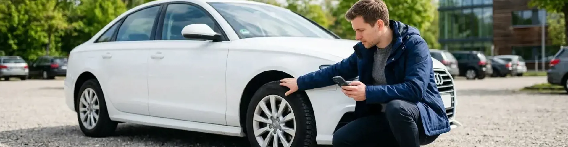 Junger Mann prüft einen weißen Gebrauchtwagen auf einem Parkplatz mit Smartphone