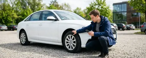 Junger Mann prüft einen weißen Gebrauchtwagen auf einem Parkplatz mit Smartphone