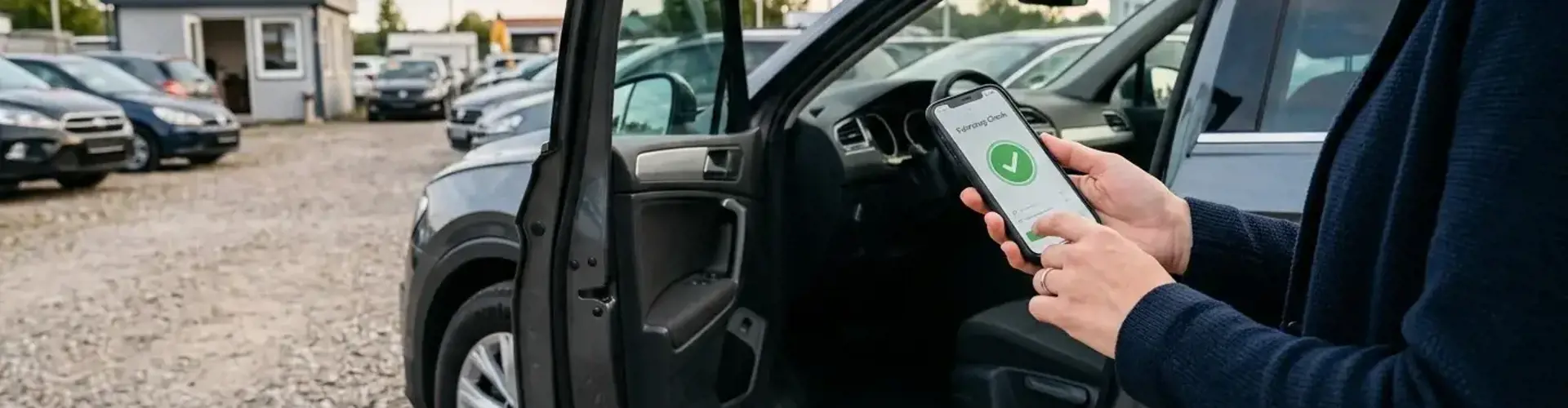 Person prüft an der offenen Fahrertür eines Gebrauchtwagens auf dem Smartphone die Fahrzeughistorie