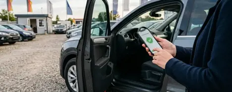 Person prüft an der offenen Fahrertür eines Gebrauchtwagens auf dem Smartphone die Fahrzeughistorie