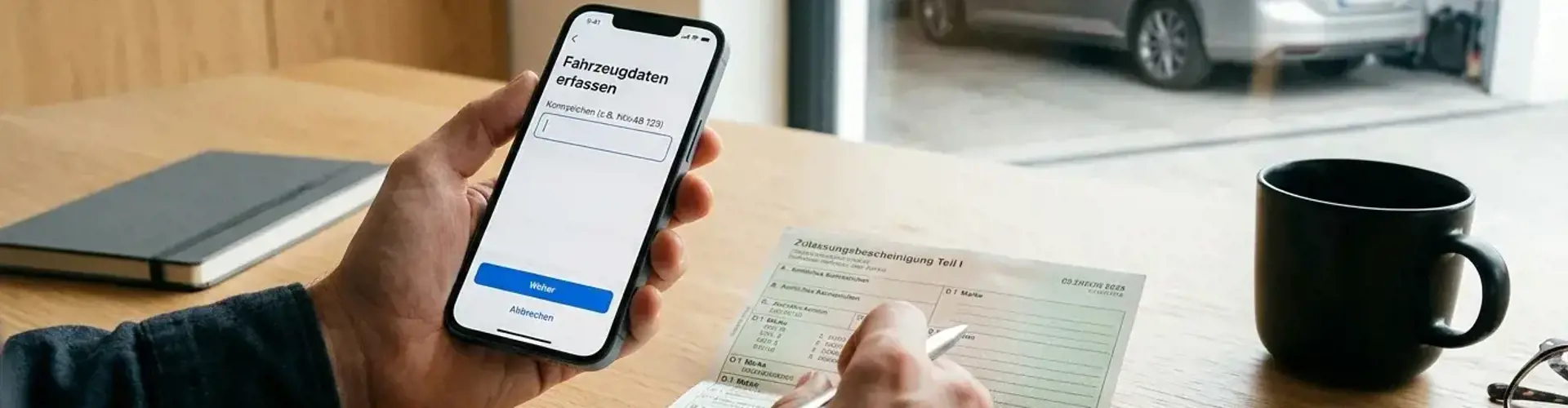 Smartphone mit digitaler VIN-Eingabemaske neben einer Zulassungsbescheinigung Teil I auf einem Holztisch