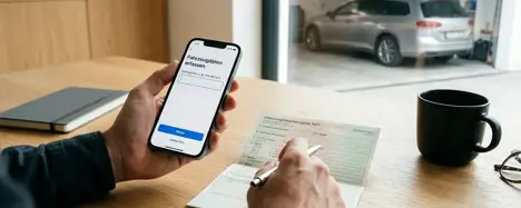 Smartphone mit digitaler VIN-Eingabemaske neben einer Zulassungsbescheinigung Teil I auf einem Holztisch