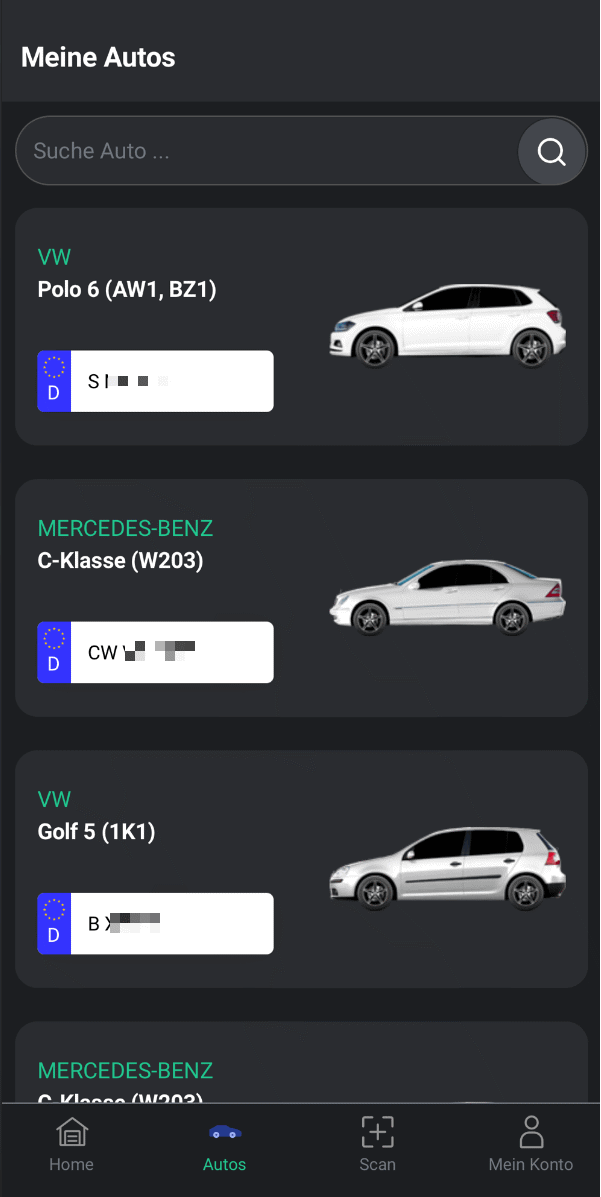 Fahrzeugschein App - Meine Autos Liste