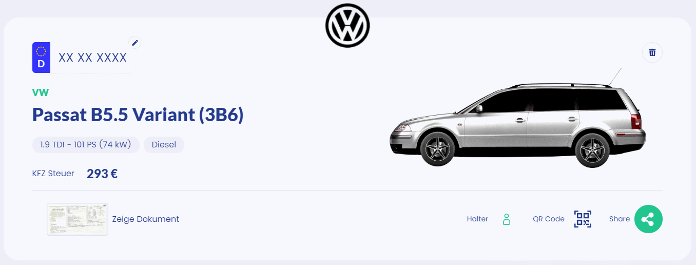 Basisinformationen des digitalen Fahrzeugscheins eines VW Golf Passat B5.5