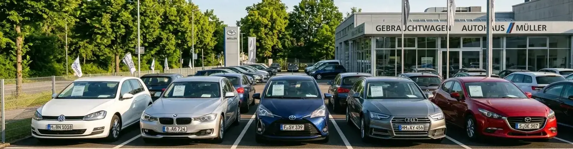 Verschiedene Gebrauchtwagen auf einem Händlerparkplatz in der Draufsicht bei Tageslicht