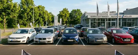 Verschiedene Gebrauchtwagen auf einem Händlerparkplatz in der Draufsicht bei Tageslicht