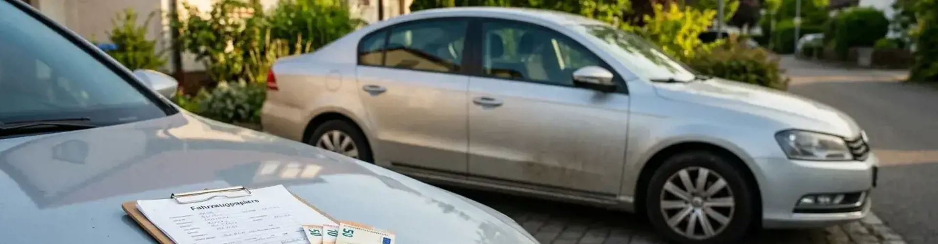 Silberner Gebrauchtwagen in Einfahrt mit Klemmbrett, Autoschlüssel und Euro-Scheinen auf der Motorhaube vor dem Verkauf