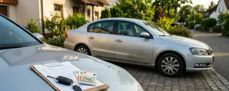 Silberner Gebrauchtwagen in Einfahrt mit Klemmbrett, Autoschlüssel und Euro-Scheinen auf der Motorhaube vor dem Verkauf
