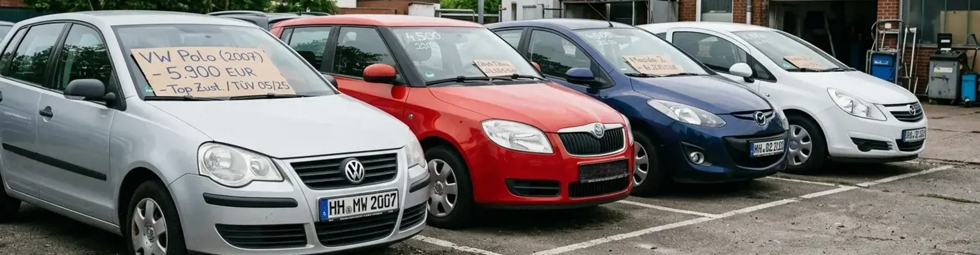 Sechs Kleinwagen und Kompakte in einer Reihe geparkt im Abendlicht, Editorial-Stil ohne Kennzeichen oder Haendlerlogos