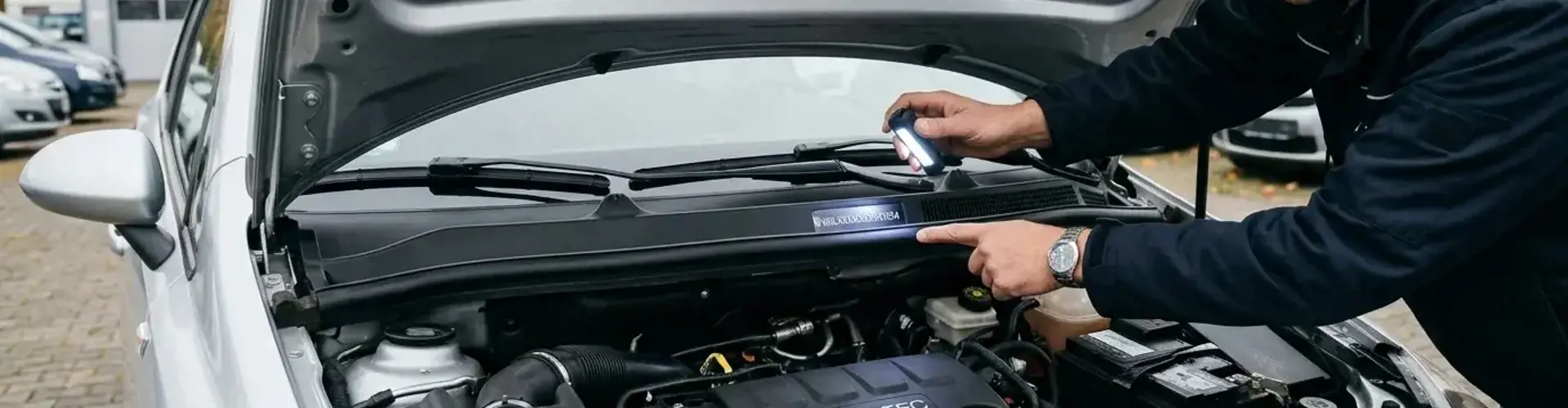 Mechaniker inspiziert die eingeprägte Fahrgestellnummer im Motorraum eines silbernen Gebrauchtwagens