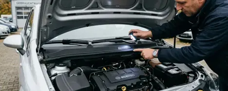 Mechaniker inspiziert die eingeprägte Fahrgestellnummer im Motorraum eines silbernen Gebrauchtwagens