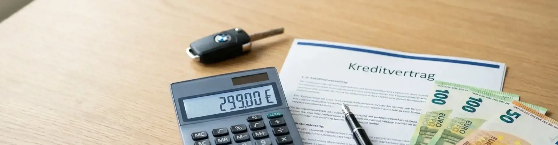 Taschenrechner mit 299 € Display, Autoschlüssel, Kreditvertrag und Euro-Banknoten auf einem Holzschreibtisch