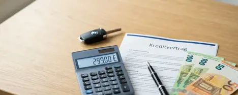 Taschenrechner mit 299 € Display, Autoschlüssel, Kreditvertrag und Euro-Banknoten auf einem Holzschreibtisch