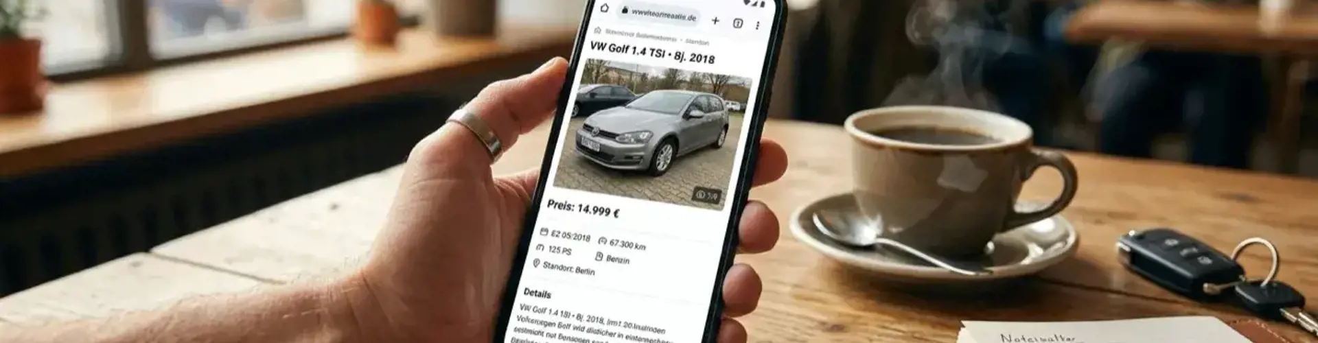 Smartphone mit Online-Inserat eines Gebrauchtwagens auf Holztisch, daneben Tasse Kaffee und Autoschlüssel