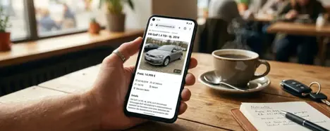 Smartphone mit Online-Inserat eines Gebrauchtwagens auf Holztisch, daneben Tasse Kaffee und Autoschlüssel