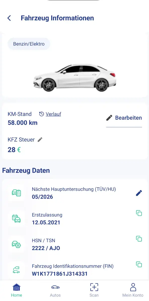 Detail-Screen der Fahrzeugschein-App nach OCR-Scan: extrahierte Fahrgestellnummer (FIN), HSN, TSN, Erstzulassung, KM-Stand, KFZ-Steuer und nächster HU-Termin auf einen Blick